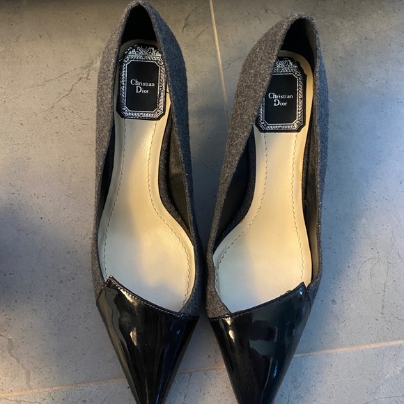 Dior grey wool blend with black penitent leather pointed toe pumps 5.5cm heels - Picture 4 of 6